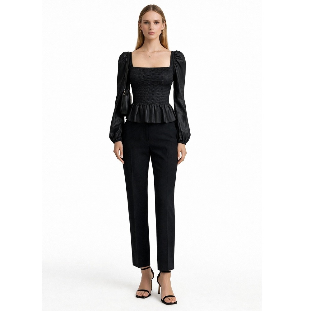 AQUA Renaissance Black Faux Leather‎ Smocked Peplum Neck Puff Sleeve Top S
